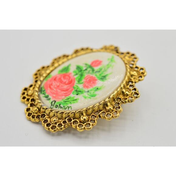 Artist Johan Painted Vintage Statement Pin Brooch Floral Roses Gold Cameo BinF - Picture 10 of 12